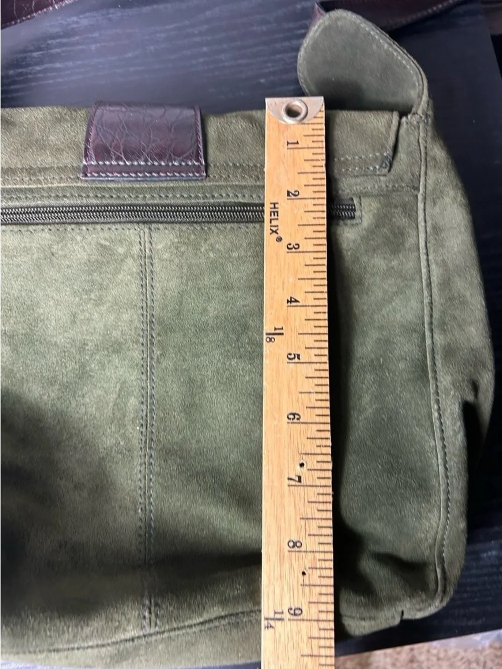 Olive Green Suede Crossbody Bag with Dark Brown Trim